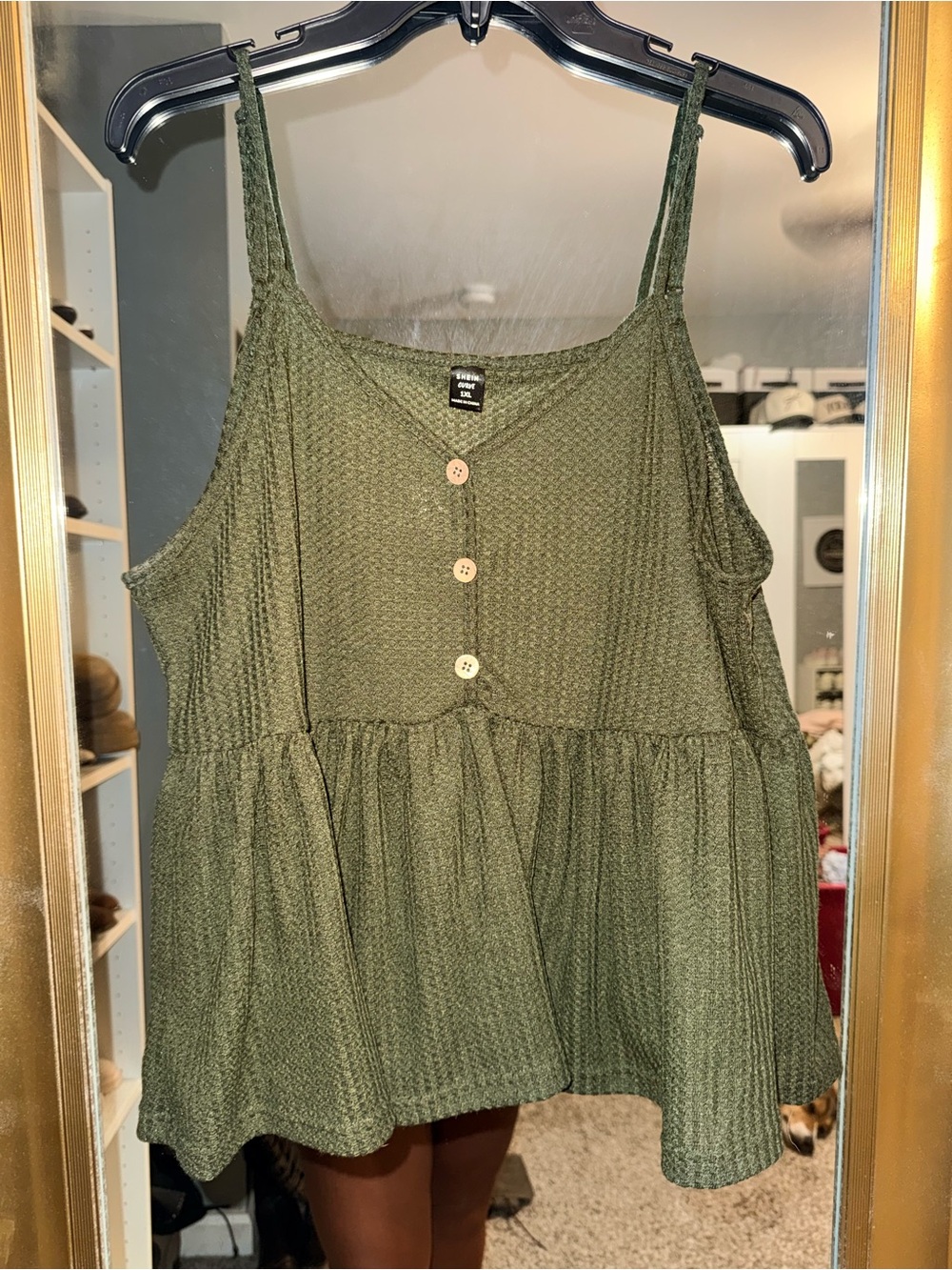SHEIN Olive Green Textured Button-Front Tiered Camisole 1XL Curve